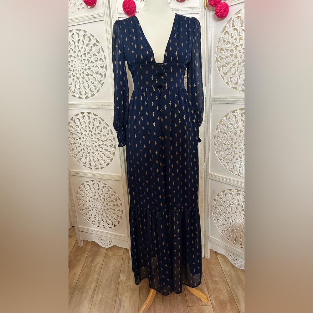 Midnight Blue Fancy Dress with Gold pattern